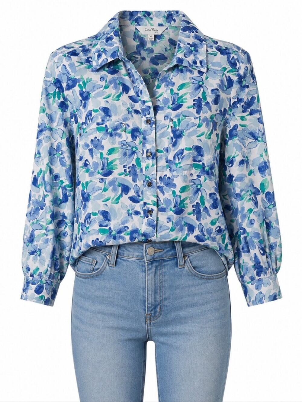 Cottagecore Blue Floral Garden Party Shirt XL Watercolor Print Boho Romantic